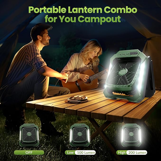 26800mAh Portable Fan Rechargeable with 18W Detachable Solar Panel, Quiet Battery Powered Camping Fan Cordless with LED Lantern,3 Speed,Timer,USB-C,for Bedroom Tent Home Office Desk Hurricane(Green)