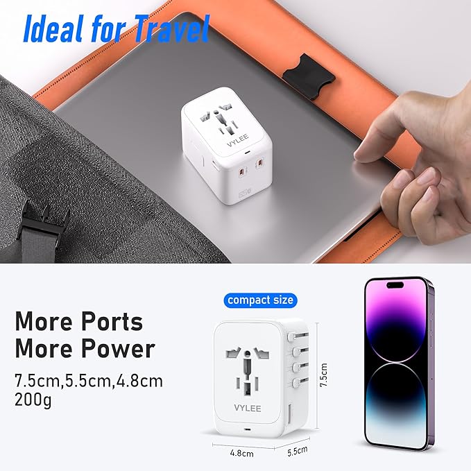 VYLEE Travel Plug Adapter, 65W Fast GaN Travel Charger, International Plug Adapter with 3 USB-C PD and 1 USB-A QC with US/EU/UK/AU Convenient for iPhone,Samsung,Laptops