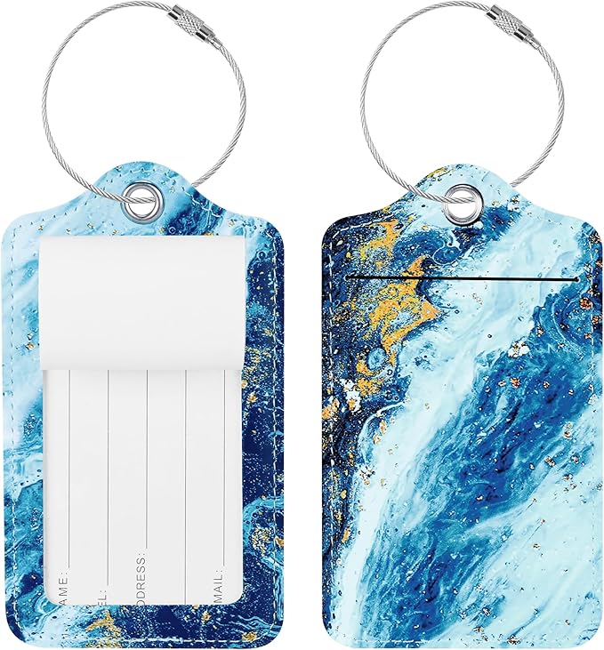 Luggage Tags for Suitcases, 2 Pack Cute PU Leather Suitcase Tag Identifiers TSA Approved with Stainless Steel Loop and Address Card for Baggage Tag for Travel Essentials Sandy Wave, by Chelmon