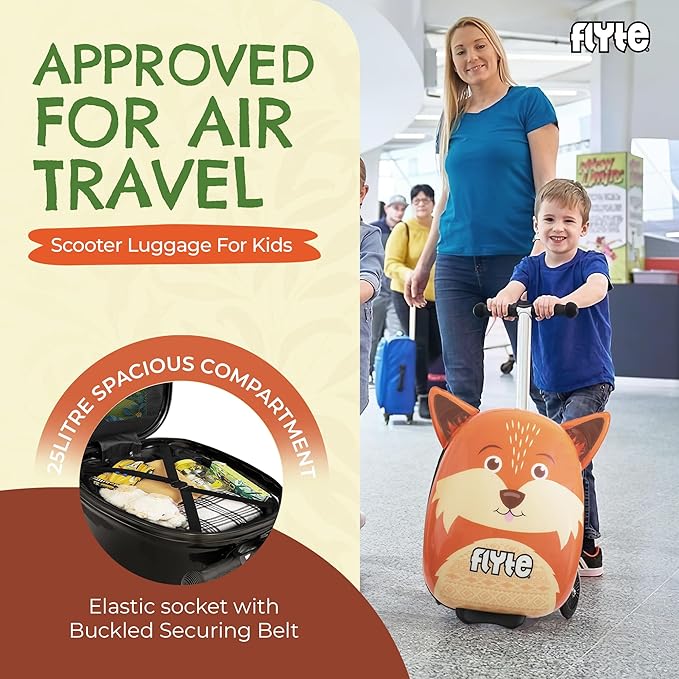 FLYTE Scooter Suitcase Folding Kids Luggage – Frazer the Fox, 18 Inch Hardshell, Ride On with Wheels, 2-in-1, 25 Litre Capacity