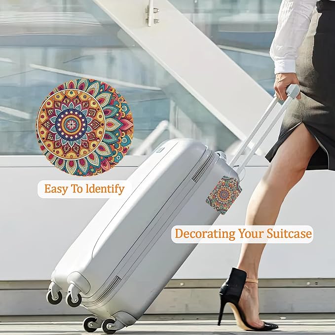 Abstract Mandala Flower Luggage Tags for Suitcase 3 Pack, Leather Bag Tags Identifiers with Privacy Name Address Labels and Durable Steel Loop for Men Women Backpack
