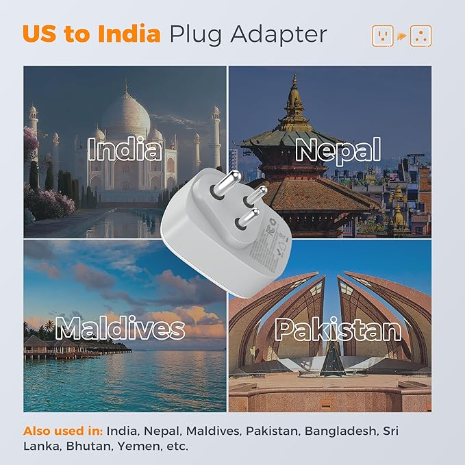 2 Pack US to India Plug Adapter, TESSAN Type D Travel Adapter with 1 Electrical Outlet 3 USB Ports (1 USB C), Power Outlet Adaptor for USA to India Nepal Maldives Pakistan Bangladesh Kuwait Yemen