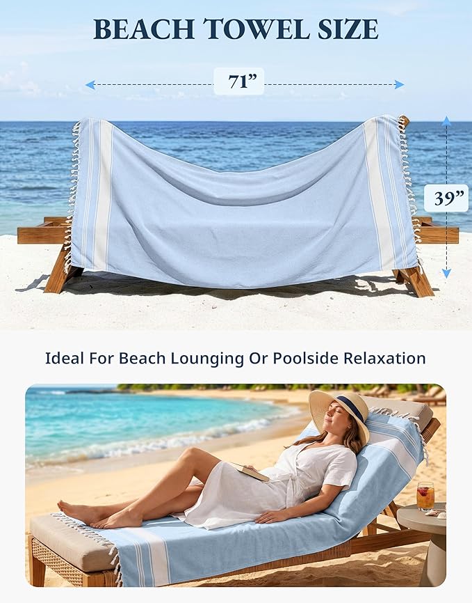 LANE LINEN Beach Towels for Women, 2 Pack Large Beach Towels Oversized, Pre-Washed, No-Shrink Sand Free Beach Towels, Quick Dry, Lightweight Travel Towel,Soft Beach Bath Towel, 39"x71" - Sky Blue