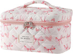 uekeboag Large Travel Quilted Makeup Bag for Women, Floral Cotton Cosmetic Bag, Coquette Aesthetic Floral Toiletry Organizer Bag