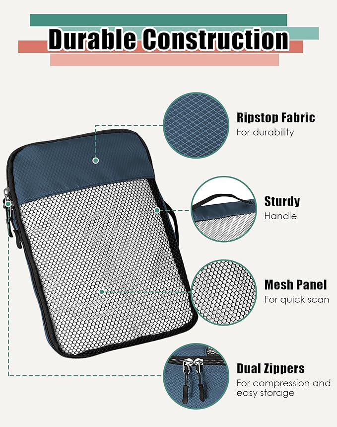 WTREE 4-Piece Packing Cubes Travel Accessories Set for Suitcases - Luggage Organizer Bags with Double Zipper - Mesh Top - Large - Dark Blue