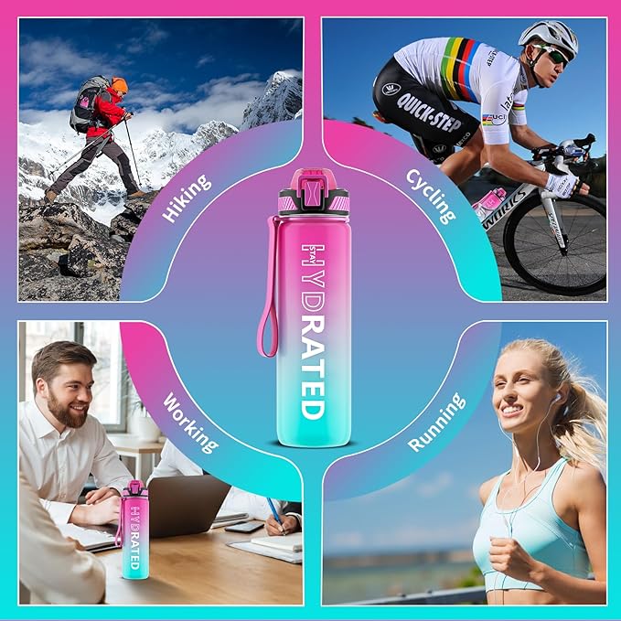 QLUR Water Bottle with Straw, 32oz Motivational Water Bottles with Time Marker to Drink, Tritan BPA Free, 1L Sports Water Bottle with Carry Strap LeakProof for Women Gym Fitness Outdoor (1 Pack)