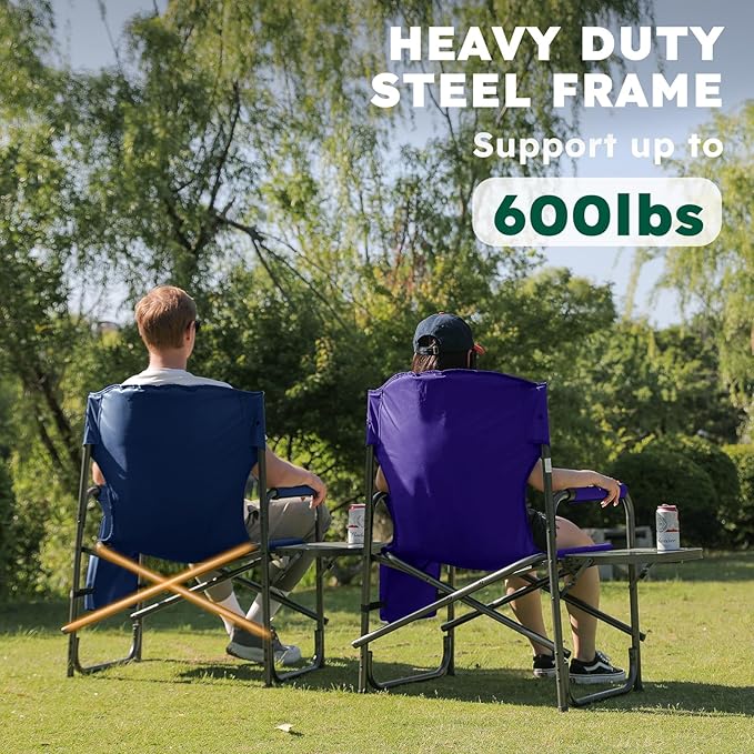 Colegence Oversized Directors Camping Chair Support 600 LBS, Heavy Duty Folding Outdoor Chairs with Detachable Side Pocket and Adjustable Side Table for Outside Beach,Lawn,Fishing,Dark Blue