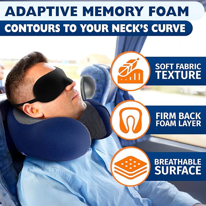 Neck Pillow for Plane Travel – 4-in-1 Kit | Adjustable Blue 100% Memory Foam Neck Support Pillow, 3D Eye Mask, Earplugs, & Cozy, Washable Cotton Cover with Secure Buttons – Sleep Comfort for Travel
