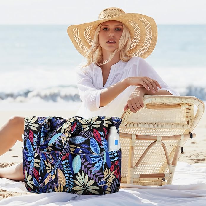 Trifabricy Beach Bags for Women Waterproof Sandproof Women Tote Bag, Large Beach Bag with Zipper for Gym Travel Vocation