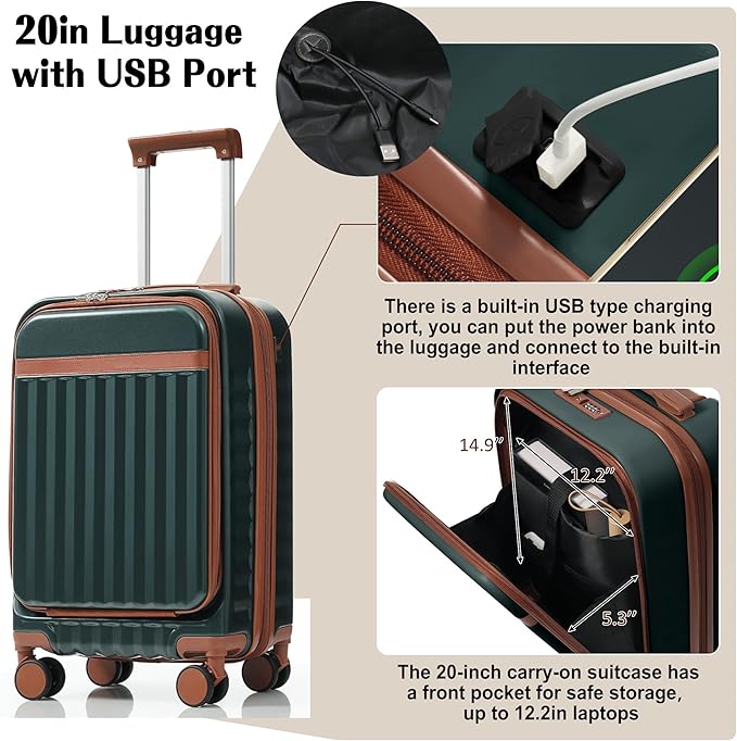 Merax 3 Piece Luggage Set ABS Hardside Suitcase Sets with Spinner Wheels and TSA Lock, 20 inch with Front Opening Design and USB Port, 20" Airline Certified Carry-on Luggage, 20" 24" 28", Dark Green