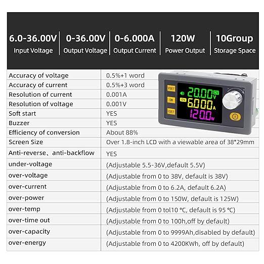 SK-120 120W Buck Boost Power Converter CC CV 6-36V to 0-36V with Color Display DC to DC Power Converter 5V 6V 12V 24V Power Module Regulated Laboratory Power Supply
