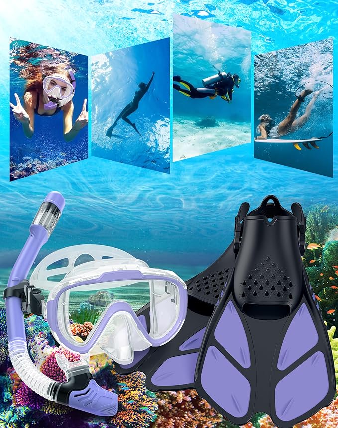 Ubekezele Snorkeling Gear for Adults Men Women,4 in 1 Snorkel Set with Panoramic View Diving Mask Anti-Fog Anti-Leak,Dry Top Snorkel,Fins and Travel Bag for Swimming,Snorkeling and Travel Diving