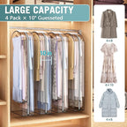Liuoud Clear Garment Bag for Hanging Clothes 10” Gusseted, 60” Suit Bags for Open Closet Storage Plastic Clothes Cover for Coat, Dress, Shirts, Fur, Jacket, Wardrobe Protectors, 4 Pack