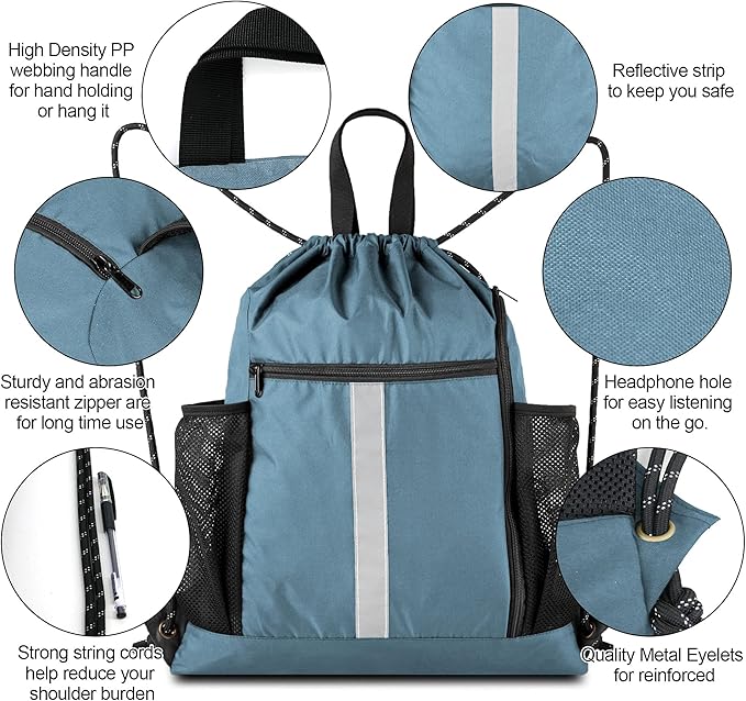 BeeGreen Blue Sport Cinch Bag String Backpack with Shoe Compartment and Two Side Mesh Pockets Machine Washable Sturdy Gymsack Drawstring Sackpack