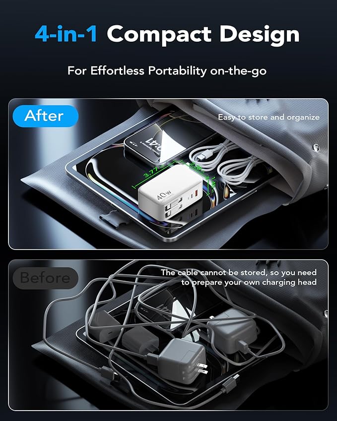 Retractable USB C Charger Wall Plug with 35.5in/90cm Type C Cables Cords,40W Fast Charging Foldable Block Multi Charger for All Devices for iPhone 17/16/15/14/13/12,iPad,Galaxy,Pixel