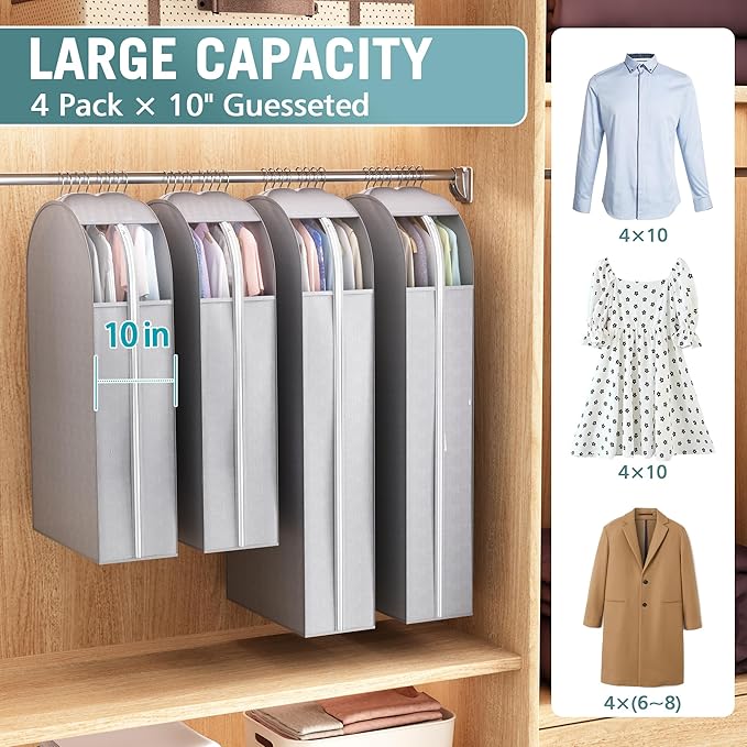 Liuoud 10" Gusseted Garment Bags for Hanging Clothes with Clear Window, 40" Suit Bags for Open Closet Storage, Clothing Cover for Coat, Dress, Jacket, Shirt, Fur Wardrobe Protector, 4 Packs