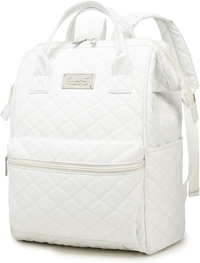 Kinmac Wide Open Style Laptop Backpack College Travel Outdoor Backpack For Laptop Up to 15.6 Inch (White Embroidery)