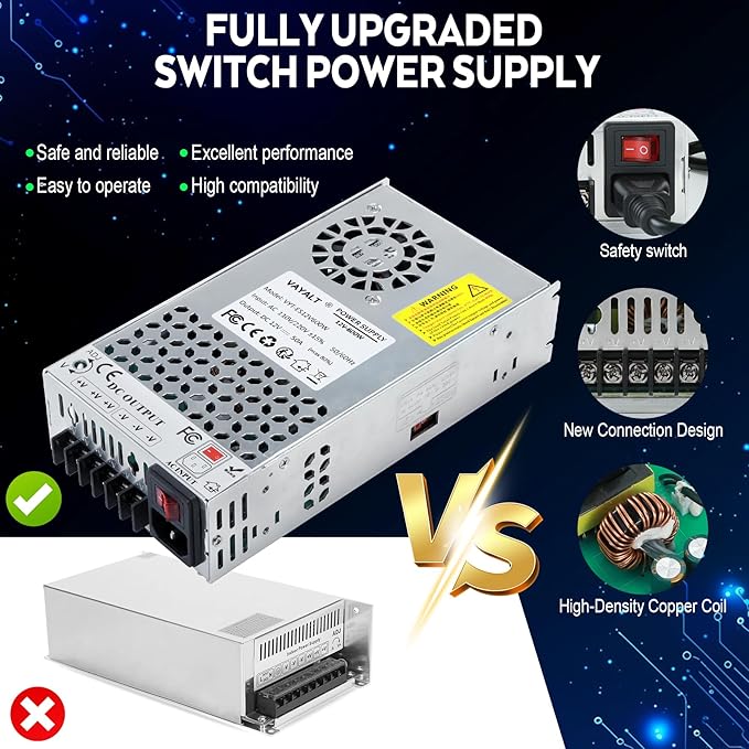 VAYALT DC 12V 50A 600W Switching Power Supply, 110V/220V AC to DC Converter, Universal Regulated Switching, 12V Power Supply for CCTV Camera System, 3D Printer, LED Strip, Computer Project
