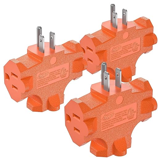 3-Pack 3 Way Plug Adapter, ETL Listed 3 Outlet Grounded Wall Outlet Splitter, 3 Prong Multi Outlet Adapter, 15A 125V 1875W, Power Splitter for Home, Office or Travel, Orange.