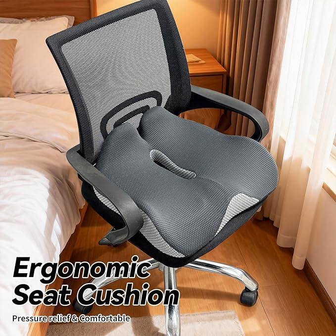 18x16 Inch Memory Foam Seat Cushion for Office Chair, Car & Truck, Ergonomic Chair Cushion for Long Sitting, Thick Supportive Seat Pad with Non-Slip Bottom, Washable Cover