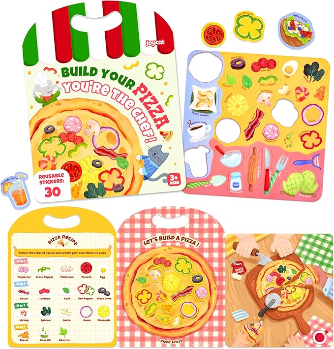 JoyCat Reusable Sticker Book - Stickers for Toddlers, Kids Sticker Activity Book, Travel Toys for Road Trip, Car & Airplane, Educational Learning Gifts for Boys and Girls Ages 3-5 (Pizza-Making)