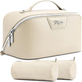 BOYATU Travel Makeup Bag Cosmetic Bags for Women: Large Capacity 3 Pcs Set Make up Bag with Compartments - Waterproof Vegan Leather Toiletry Organizer Bags with Handle (L27Off-white)
