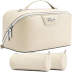 BOYATU Travel Makeup Bag Cosmetic Bags for Women: Large Capacity 3 Pcs Set Make up Bag with Compartments - Waterproof Vegan Leather Toiletry Organizer Bags with Handle (L27Off-white)