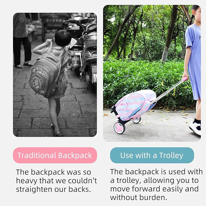 Backpack Trolley Cart with Stair-Climbing Wheels – Foldable Aluminum Frame, Adjustable Handle and 77 lbs Capacity – Quiet Large Wheels with Edge Guard – Pink – Fits Travel Bags, Book Bags, Shopping