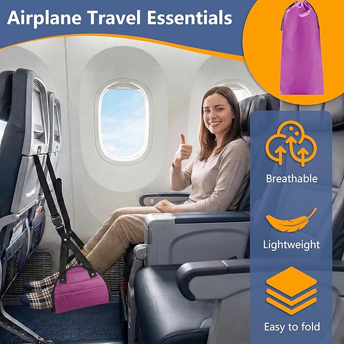 Airplane Footrest Hammock, Adjustable Foot Rest for Long Flights - Travel Must-Haves and Travel Essentials,Portable Airplane Gadgets for Flying Comfort(Rose Red,1 Pack)