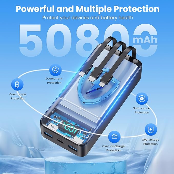 Portable Charger 50,800mAh Power Bank, 25W PD QC 4.0 Fast Charging Portable Phone Charger with Built-in Cables,Travel Camping Essential USB C Battery Pack for iPhone 16/15/14/13/12,Android Galaxy etc