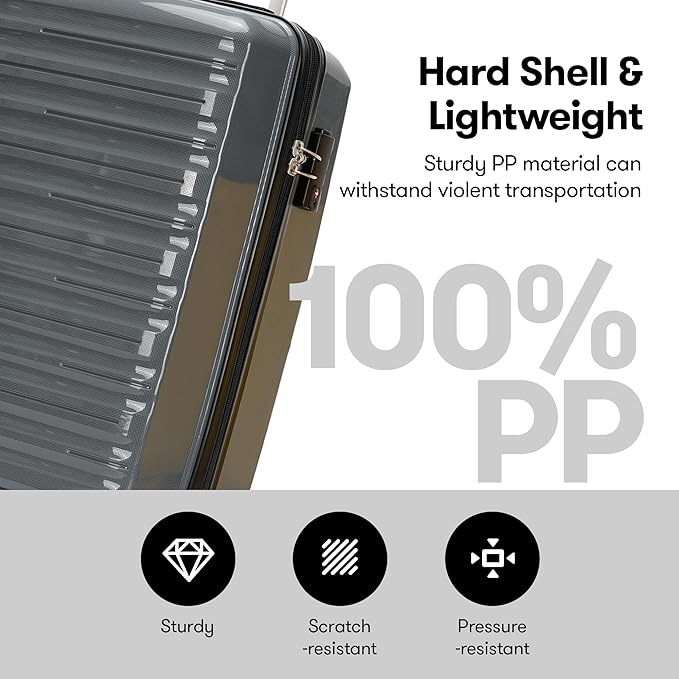 GinzaTravel 24 Inch Checked Luggage with Spinner Wheels TSA Lock PP Hardside Durable Medium Checked Suitcase, Gray, 24Inch