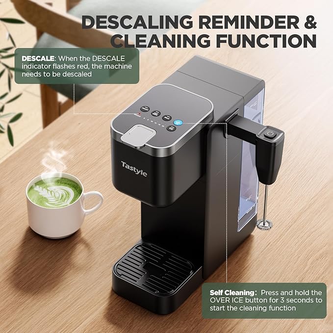 Tastyle Single Serve Coffee Maker with Built-in Detachable Milk Frother, Iced and Hot Coffee Machine for K Cup & Grounds, 40oz Removable Water Reservoir, 6 Cup Sizes, Fits 7.3" Travel Mug, Black