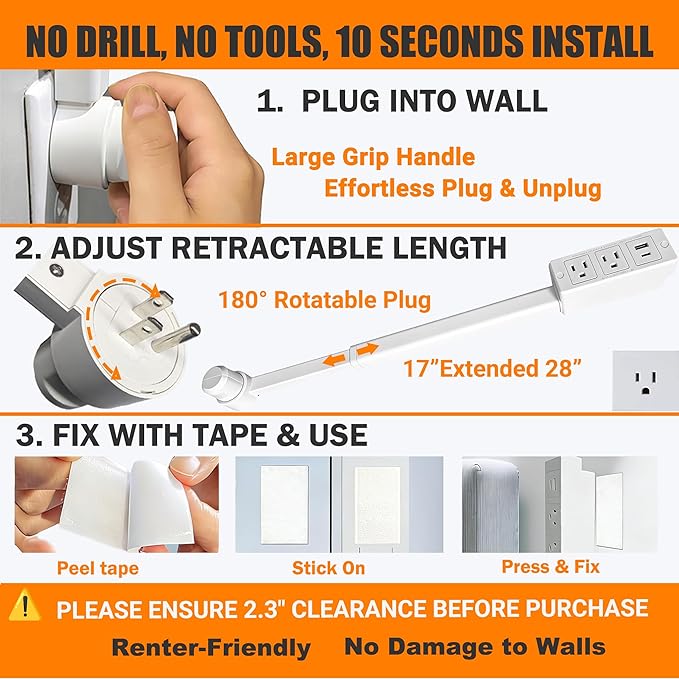 Outlet Extender Stick - Plug Extension Outlet with 3 Prong, Rotating Wall Socket Expander for Home Office Household, Hard to Reach Places, Electrical Power Outlet Extender with USB Ports