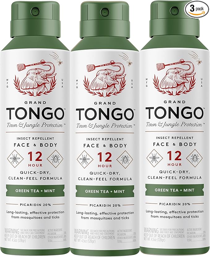 Grand Tongo Green Tea + Mint Insect Repellent, 12-Hour Mosquito & Tick Protection, Picaridin-Based, Water-Based, Lightweight, Quick-Drying, Vanishing Scent, DEET Alternative, Face & Body Use, 3 Pack