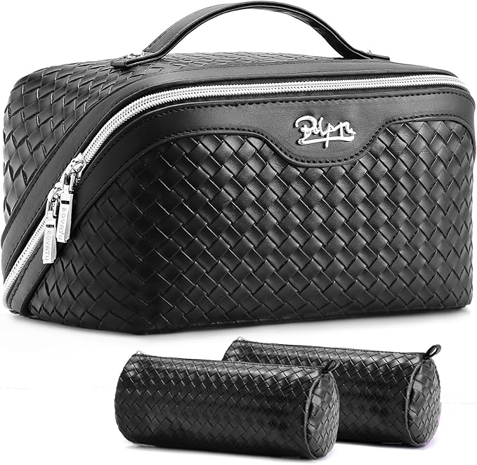 BOYATU Travel Makeup Bag Cosmetic Bags for Women: Large Capacity 3 Pcs Set Make up Bag with Compartments - Waterproof Vegan Leather Toiletry Organizer Bags with Handle (L03 Black)