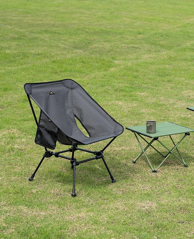 iClimb Ultralight Compact Camping Folding Beach Chair with Anti-Sinking Large Feet and Back Support Webbing (Black Grid- Square Frame)