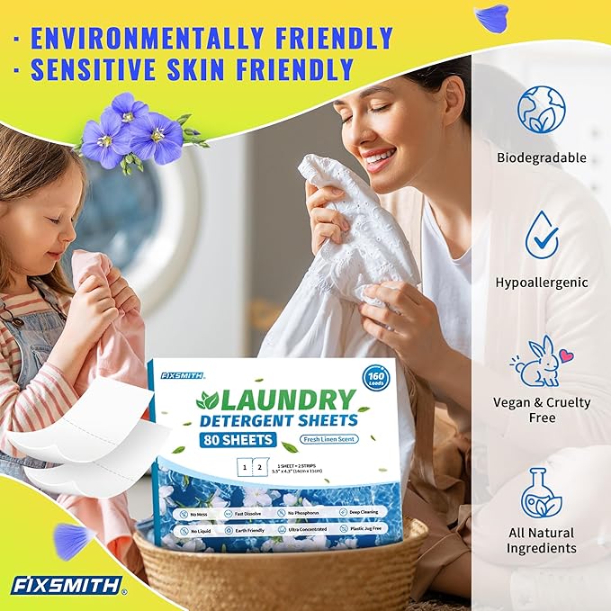 FIXSMITH Laundry Detergent Sheets - 160 Loads (80 Sheets) Fresh Linen Scent - Hypoallergenic,Eco Friendly Laundry Detergent Strips Ultra-Concentrated Travel Detergent Sheets.Plastic-Free,Liquidless.