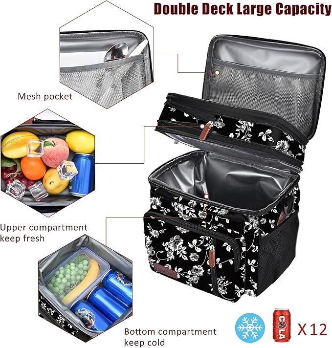 MIYCOO Lunch Bag & Lunch Box for Women Men, Double Deck Leakproof Insulated Soft Large Adult Camping Cooler bag for Work, Beach, Picnic, Travel (White Flower, 15L)