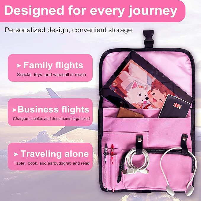 Airplane Seat Storage Pocket, International Travel Essentials,Airplane Pocket Organizer, Airplane Travel Accessories,Removable Toiletry Bag Designed (pink)