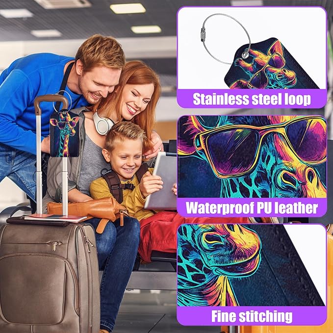 3 Pack Funny Giraffe Sunglasses Luggage Tags for Suitcase Animal PU Leather Travel Luggage Tag Privacy Cover ID Label for Women Men Baggage Backpack Handbag School Bag
