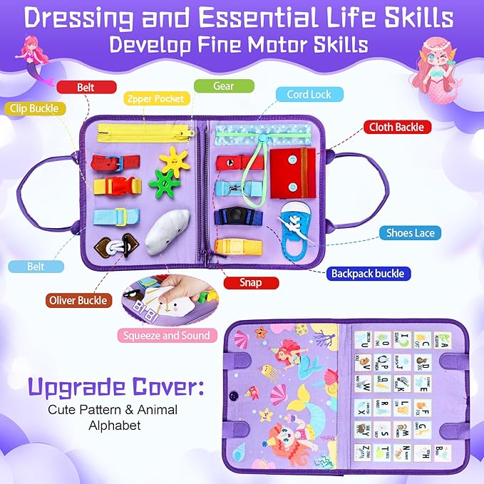 Esjay Toddler Busy Board Montessori Toys for Girls, Sensory Book Educational Activities Learning Fine Motor Skills, Birthday Gifts for Girls Toddlers, Travel Toys for Airplane Car, Purple Merpeople