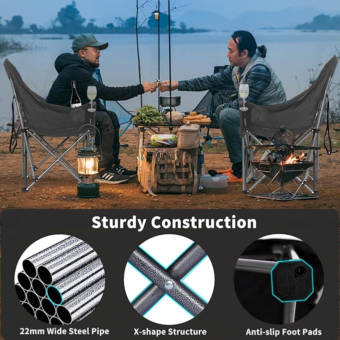 Bolosy 2 Pack Oversized Camping Chairs for Adults Heavy Duty Padded Portable Lawn Chairs Outdoor Folding Chairs XL Camp Chairs with Cup Holder Suproot 500 lbs, Gray Plaid
