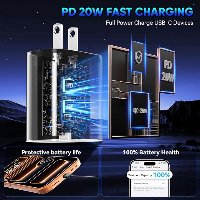Phone 17 16 15 Pro Charger Fast Charging, 20W USB C Fast Charger Block with 12FT Long Type C Chargers Fast Charging Cable Cord for Phone 17/17 Pro/17 Pro Max/Air/16 Pro Max/16 Pro/15Pro Max/Pro, S24