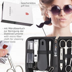 3 Swords Germany – brand quality 10 piece manicure pedicure grooming kit set for nail care tweezers file clipper, Made by 3 Swords (BLACK - GENUINE LEATHER)