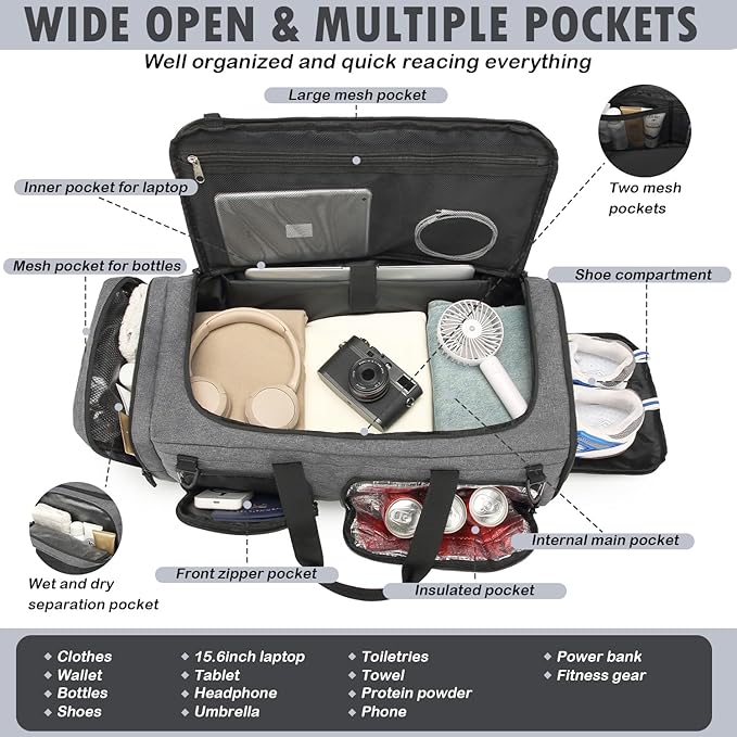 Gym Bag for Men and Women, 50L Extra Large Duffle Bag, 3-in-1 Travel Sports Duffel Bags with Shoe & Laptop Compartment for Overnight Weekender Gym Traveling Workout Deployment, Black + Gray