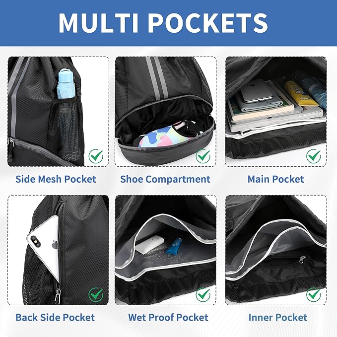 JELUTAR Drawstring Backpack Gym Bag with Shoes Compartment for Soccer, Basketball, Swim, Water-Resistant String Backpack Beach Cinch for Women Men, Black, Medium