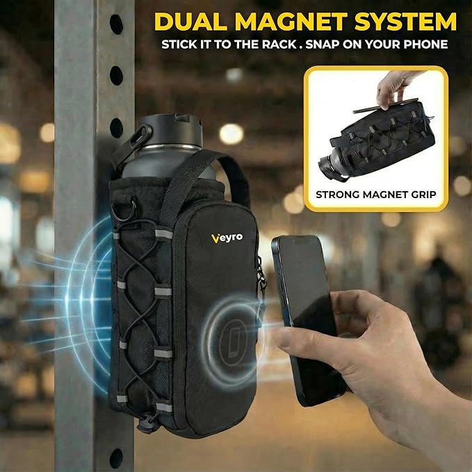 Veyro Magnetic Gym Bag with strong Magnetic Phone Holder - Gym water bottle bag holder for men and women - Compact Gym Crossbody Pouch - Compact Crossbody Pouch (Black)