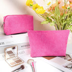 SOIDRAM 2 Pcs Corduroy Makeup Bag Large Cosmetic Bag Toiletry Bag Makeup Pouch Travel Bag Organizer Cute Makeup Brushes Aesthetic Accessories Storage Bag for Women Rose Red