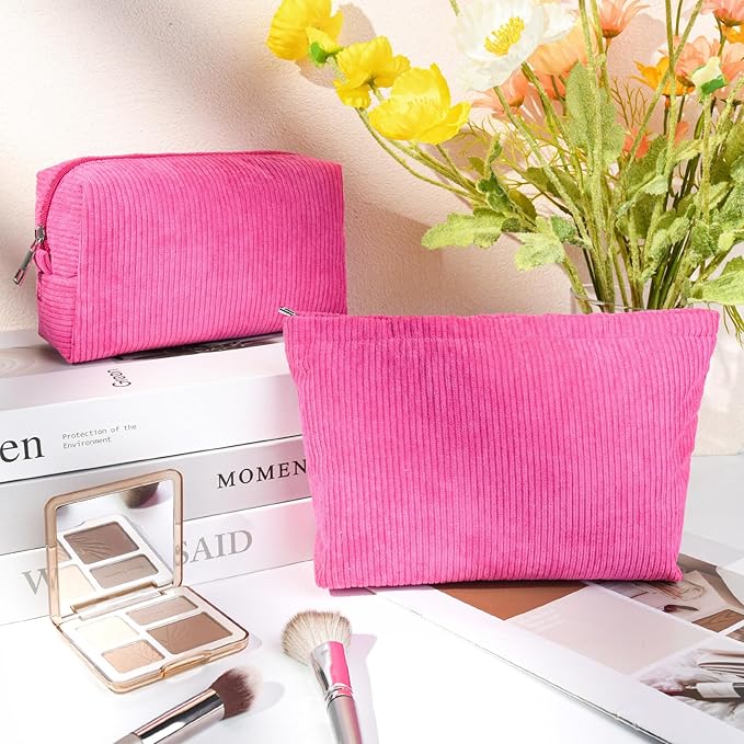 SOIDRAM 2 Pcs Corduroy Makeup Bag Large Cosmetic Bag Toiletry Bag Makeup Pouch Travel Bag Organizer Cute Makeup Brushes Aesthetic Accessories Storage Bag for Women Rose Red