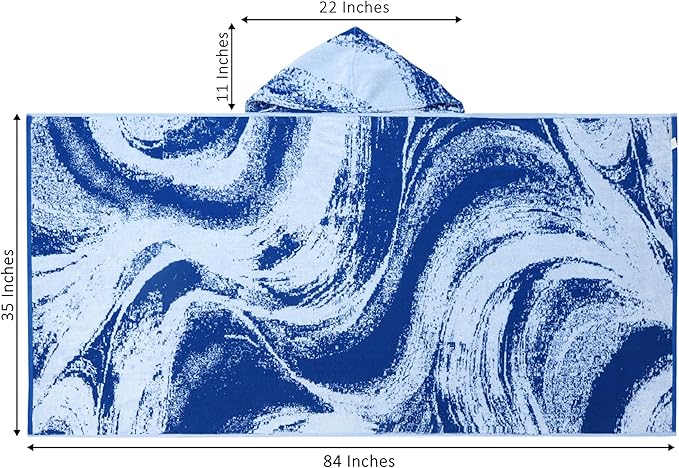 COTTON CRAFT Hooded Beach Towel - Oversized XXL 35x84 Towel with Hood for Adults - The Big Kahuna 7 Foot Large Beach Blanket Towel - Big & Tall Soft 100% Cotton Velour Pool Bath Wrap - Waves Blue